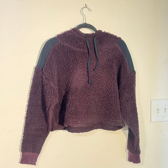 Teddy Sherpa Hoodie - Brown Cropped Pullover Shoulders Size M - Picture 3 of 4